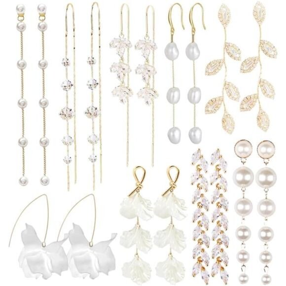 9 Pair Pack Gold Crystal Pearl Earrings Statement Drop Dangle Earring Pack - Picture 1 of 7